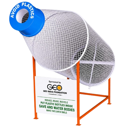 Bottle-shaped plastic collection bin sponsored by GEO India Foundation